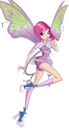 a cartoon fairy with pink hair and green wings