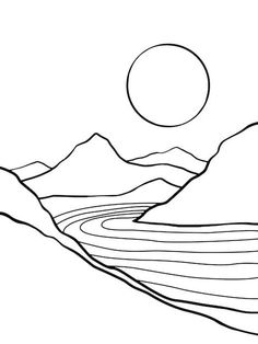 a line drawing of mountains with the sun in the sky over them and a river running through it