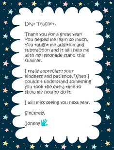 a thank card for teacher with stars on the background