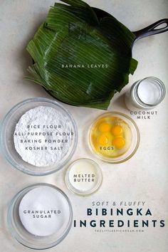 ingredients for making banana leaf cookies on a white counter top with text overlay that reads, soft & fluffy baking powders, coconut milk and flour