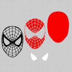 two spiderman masks with faces drawn in red, white and black on grey background