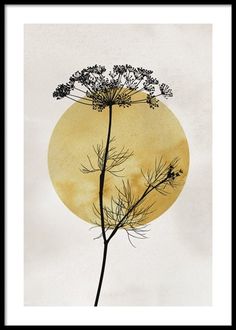 a painting of a plant with the moon in the background