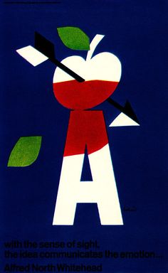 an apple with the letter a on it and leaves above it, in front of a blue background