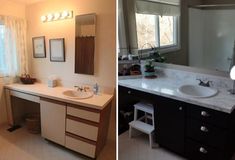 before and after photos of a bathroom remodel with white countertops, black cabinets, and dark wood drawers