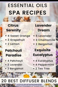 Essential Oil Spa blend recipes Card with floral background Spa Essential Oils, Best Diffuser, Relaxing Essential Oils, S Craft, Fresh Eucalyptus