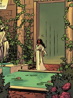 an illustration of a woman standing in front of a fountain with flowers and greenery