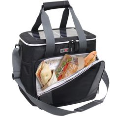 an open lunch bag with sandwiches and drinks in it, on a white back ground