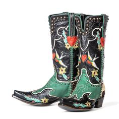 Make a bold statement with these black turquoise cowgirl boots featuring intricate embroidery, studded details, and a fashionable block heel. Perfect for those who love Western-inspired fashion. Color: Black Turquoise Heel Type: Block heel Heel Height: 1.63'' / 41.4 mm approx Shaft Height: 13'' / 330.2 mm approx Product measurements were taken using size 8. Please note that measurements may vary by size. Toe: Snip toe Heart patchwork design Embroidered design Studded design Braided design Pull-o Embroidered Cowgirl Boots, Comfortable Womens Boots, Turquoise Heels, Cowgirl Boots Square Toed, Boots Mid Calf, Cowboy Shoes, Cowgirl Boot, Black Turquoise, Womens Chunky Heels