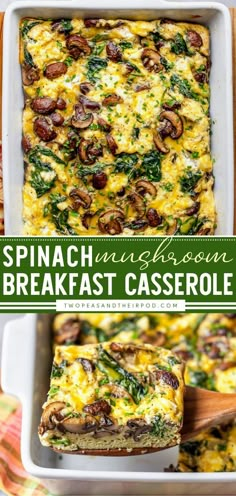 spinach and mushroom breakfast casserole in a baking dish with text overlay