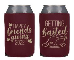 two red can coolers with the words happy friends giving, and a turkey on it