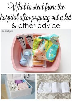 a pink tray with various items in it and the words, what to take home from the hospital after popping out at a kid & other advice