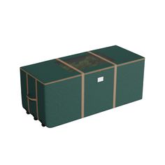 a large green box with two brown straps on the sides and a window in the middle