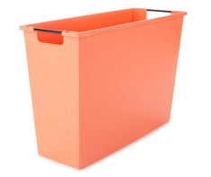 an orange plastic storage box on a white background