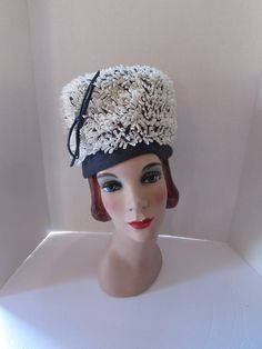 "SALE! 15% OFF! Most bubbly of all Bubble style hats from the '60s. Offered by Cain Sloan Company department store in Nashville.  The very high crown is formed by loops of white raffia-like tendrils.  It rests upon a 1 1/2\" navy shantung like brim/band. A shiny navy patent leather cord poses at right front.  Navy cording twines amongst the white loops.  If one looks at the inside of the hat it reveals a zig zag pattern to the cording.  (Note during its heyday, it would have been worn slightly b Bubble Style, Navy Fabric, Vintage Hat, Zig Zag Pattern, Nashville Tn, Hats Vintage, Department Store, Leather Cord, Hat Fashion