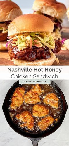 two pictures with different foods in them and the words nashville hot honey chicken sandwich on top