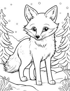 a fox standing in the snow surrounded by pine trees and snowflakes, coloring page