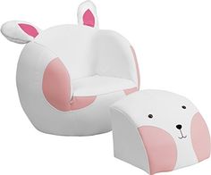 a white and pink chair with a bunny face on the back, sitting next to an ottoman