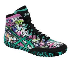 a pair of sneakers with colorful designs on them