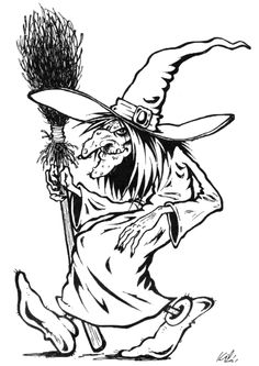 a black and white drawing of a witch holding a broom