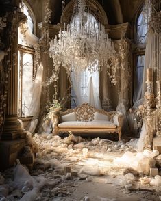 an elaborately decorated living room with chandelier and couch in the middle of it