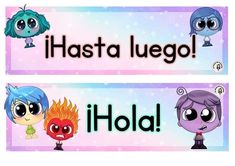 two signs with cartoon characters on them that say, i hasta luego