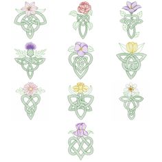 six different designs with flowers and leaves in the shape of heart shaped knots on white background