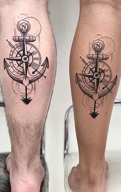 two men's legs with tattoos on them, one has an anchor and the other is a compass