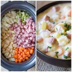 two pictures showing different types of food in the same bowl, one with meat and vegetables