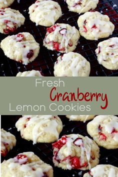 fresh cranberry lemon cookies on a cooling rack with the words, fresh cranberry