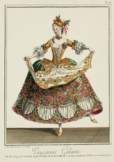 1779 Paysanne Galante: On fait usage de cet habit dans le Ballet de la Provencale, et dans plusieurs Ballet du même genre. Historical Fashion 1700s, Opera Costumes, Rococo Fashion, 18th Century Costume, 18th Century Fashion, History Fashion, Theatre Costumes, Ballet Costumes, Jean Baptiste