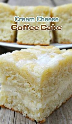 cream cheese coffee cake on a plate with the rest of the cake in the background