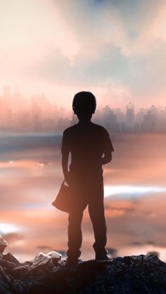 a man standing on top of a rock next to a body of water with buildings in the background