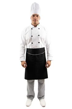 a man wearing an apron and chef's hat is posing for the camera with his hands in his pockets