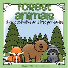 the forest animals are in front of trees and bushes with words that read forest animals