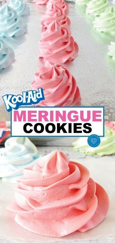 colorful meringue cookies on a baking sheet with the title kool aid meringue cookies