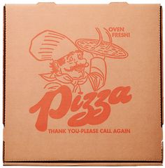 a pizza box with an image of a chef holding a pizza on it's head