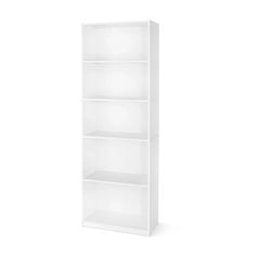 a white book shelf with three shelves on each side