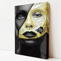 a woman's face is covered in yellow and black words on a white background