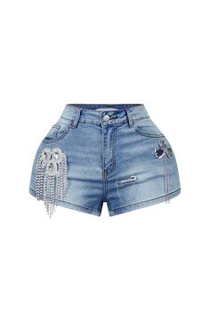 High rise washed denim shorts featuring rhinestone accents front design Fly button and zipper closure Runs true to size Spring Jean Shorts With Rhinestones, Embellished Denim Jean Shorts, Embellished Denim Jean Shorts Casual Style, Embellished Denim Jean Shorts In Casual Style, Trendy Short Bottoms With Rhinestones, Casual Embellished Denim Jean Shorts, Cutoff Jean Shorts With Rhinestones For Summer, Embellished Casual Jean Shorts, Spring Denim Jean Shorts With Rhinestones