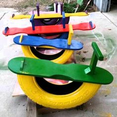 several different colored skateboards stacked on top of each other