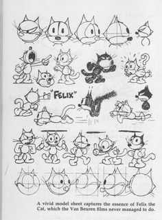 an old drawing of various cartoon cats and kittens in different poses, with the words felix