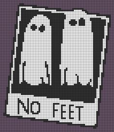 a cross stitch pattern with two ghost faces and the words no feet on it in black and white