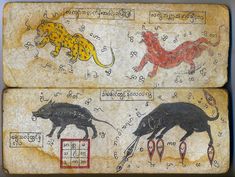 an old book with pictures of animals and numbers on the pages, in different colors