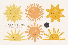 baby items with sun faces on them and numbers in the middle, including six different colors