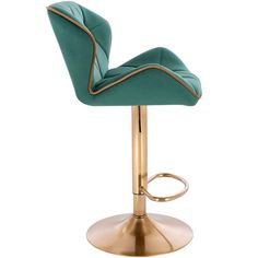 a green velvet bar stool with gold trimmings and a circular foot ring on the backrest