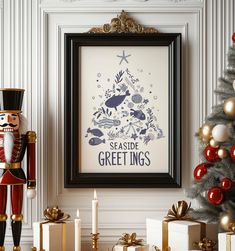 a christmas tree and nutcrackers in front of a framed poster