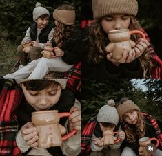 two girls are drinking from mugs in the woods