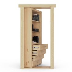 an open bookcase with drawers on the bottom and shelves below it, in front of a white background