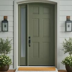 a green front door with two potted plants