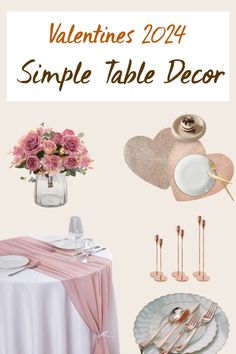 valentine's day table decor with pink flowers and silverware on the table, gold cutler